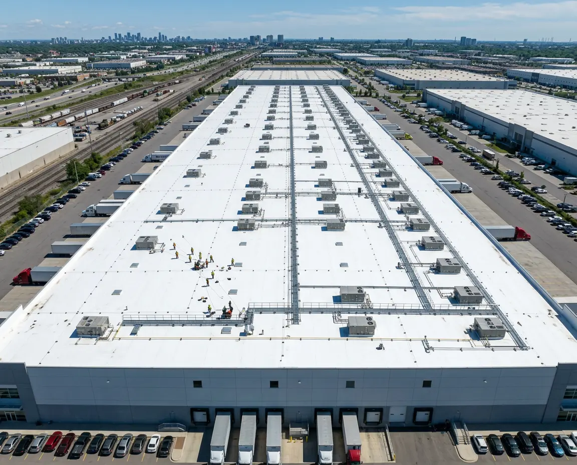 A large industrial warehouse with a white roof, multiple HVAC units, and several workers on the roof, surrounded by trucks, cars, and railway tracks.