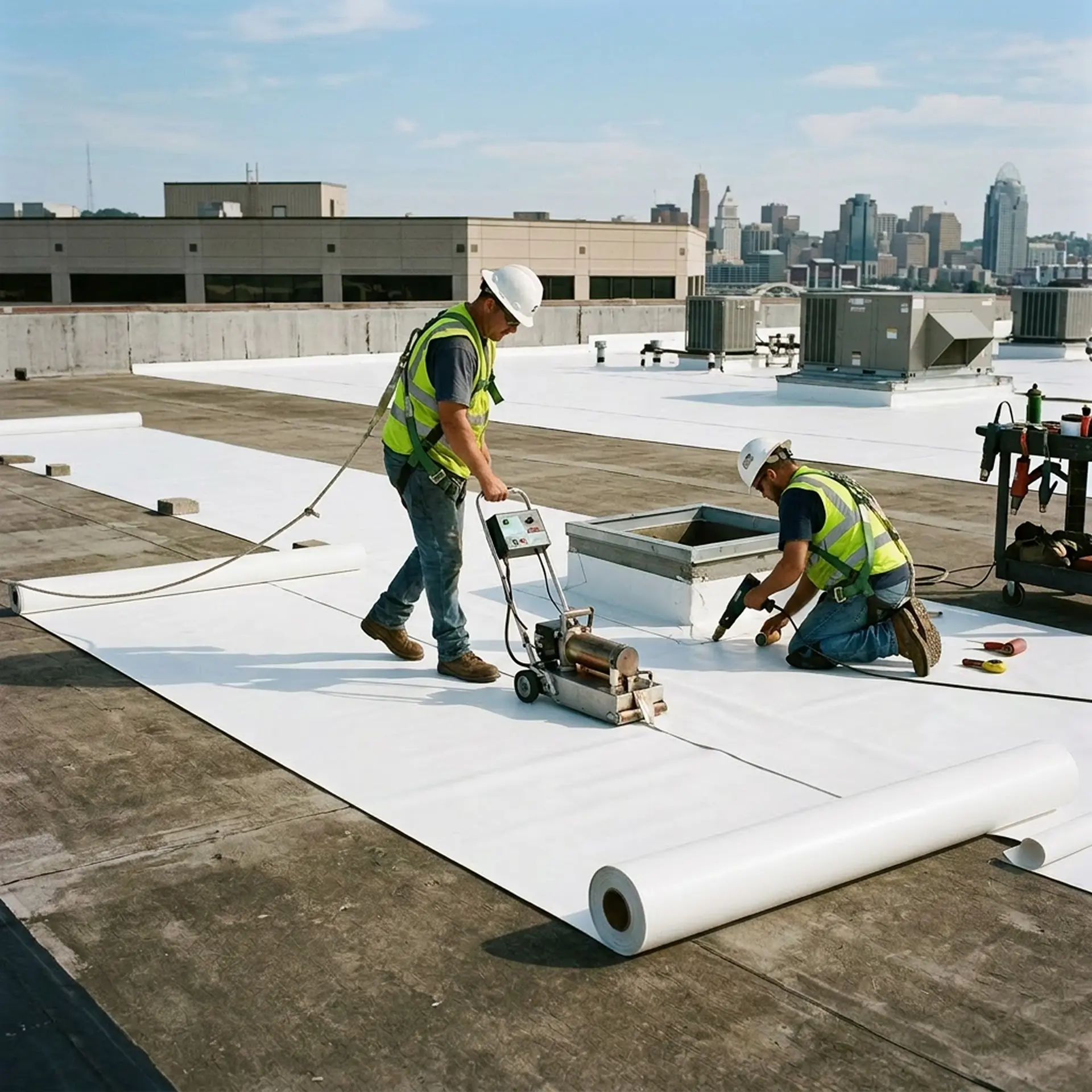 Two construction workers in safety gear installing white roofing membrane on a flat rooftop in an urban setting.