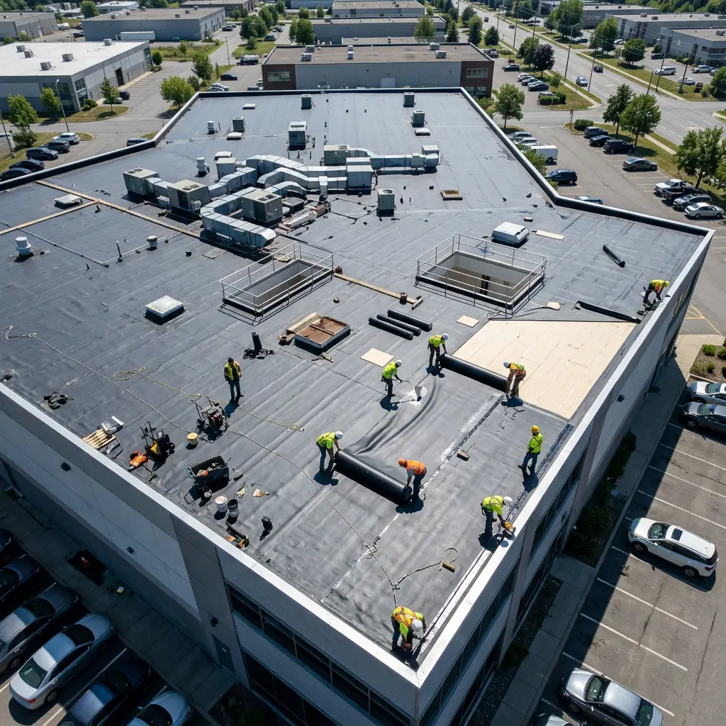 Workers in safety gear installing black roofing material on a flat commercial building roof during daytime.