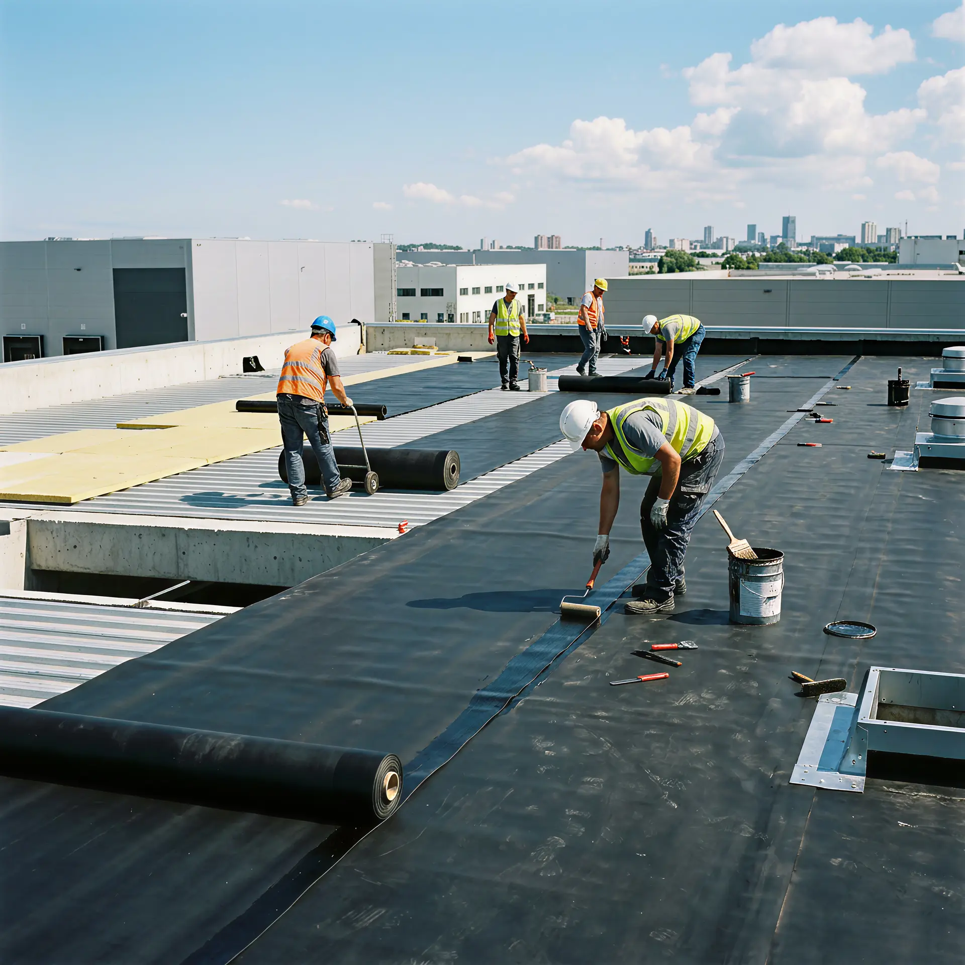 Construction workers installing black EPDM roofing membrane on a commercial flat roof under a clear blue sky.