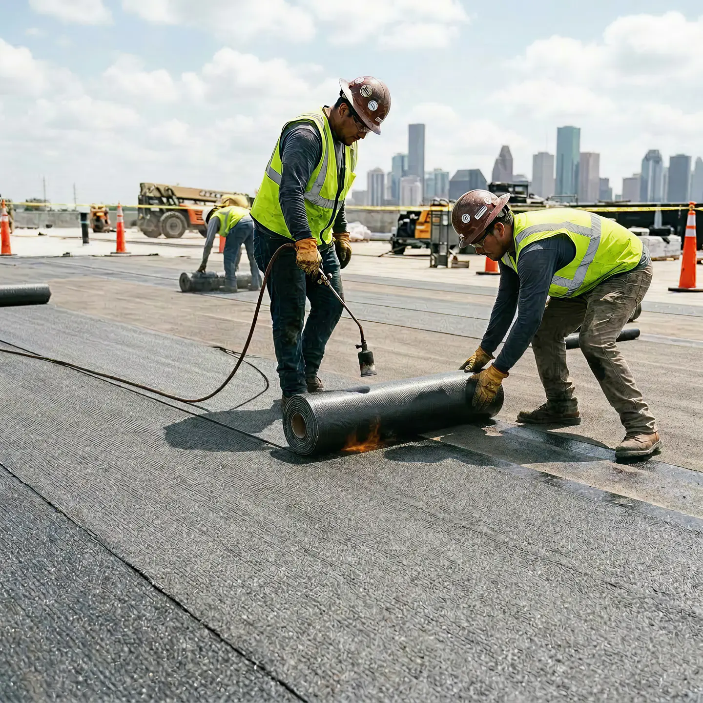 Two construction workers in safety gear applying rolled roofing material with a torch on a rooftop.