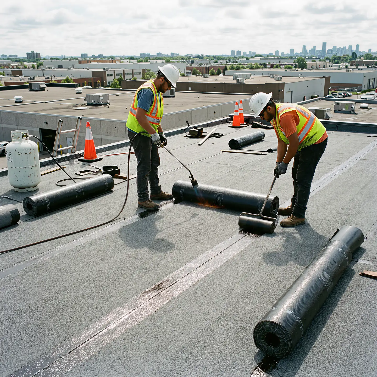 Two construction workers wearing hard hats and safety vests applying modified bitumen roofing on a flat rooftop with a cityscape background.