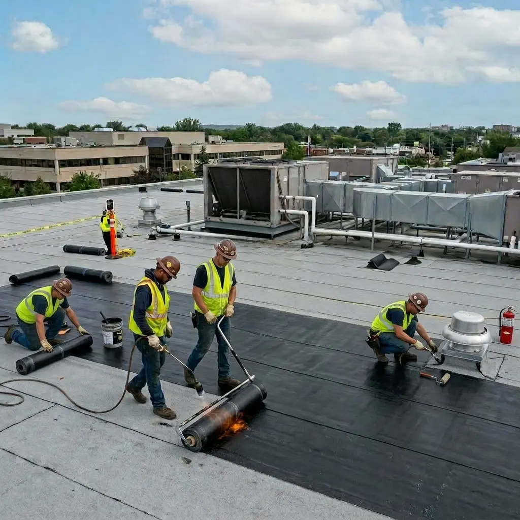 Four construction workers in safety vests and helmets installing black roofing material with torches on a flat commercial rooftop.