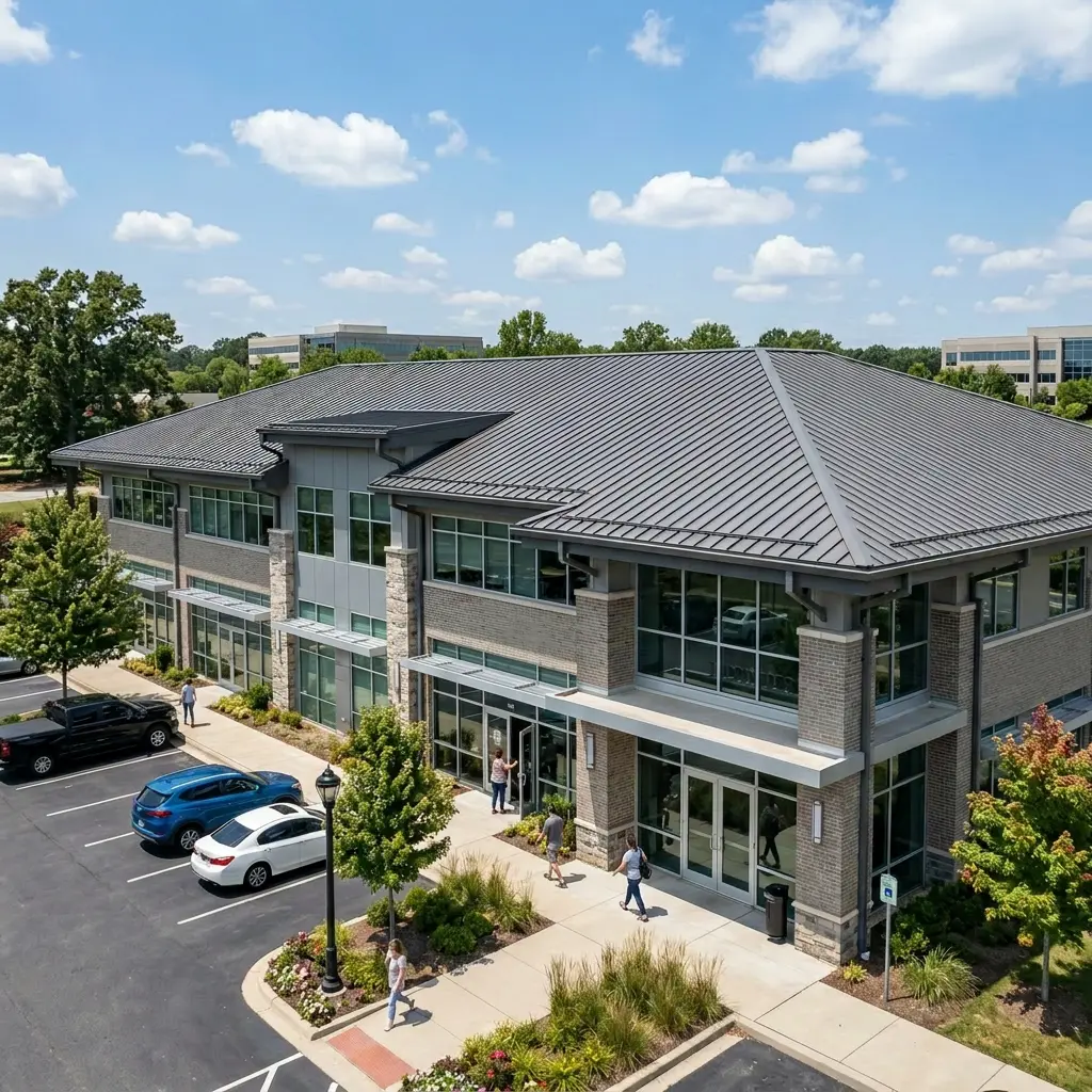 Two-story modern office building with large windows, metal roof, parking lot, and people walking on the sidewalk on a sunny day.