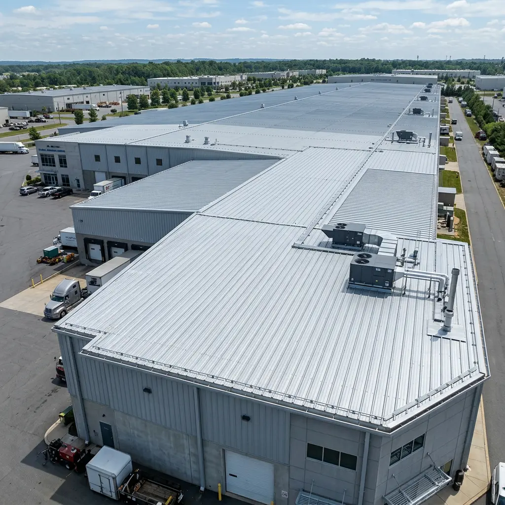 Aerial view of a large industrial warehouse with a metal roof, surrounding parking area, and adjacent roads.