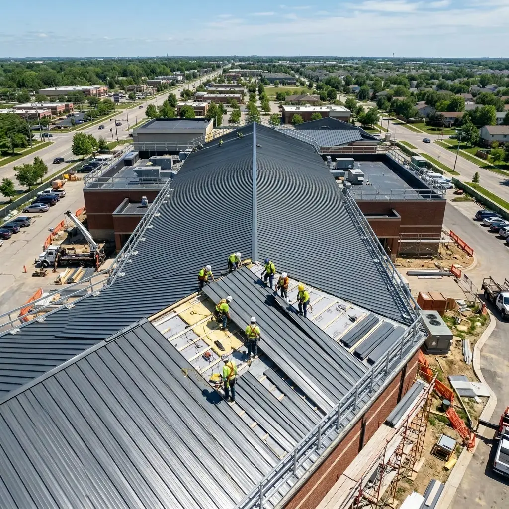 Aerial view of workers installing a metal roof on a large building in a suburban area.