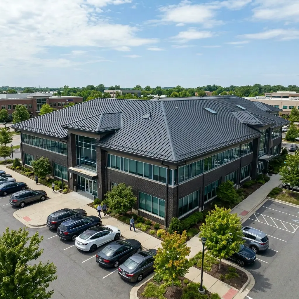 A modern two-story office building with dark brick walls, large windows, metal roof, surrounded by parking lots and greenery.