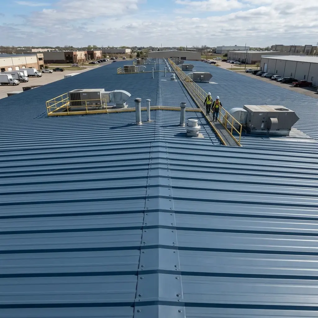 Two workers in safety gear walking on a walkway atop a large blue industrial metal roof with HVAC units and vents.