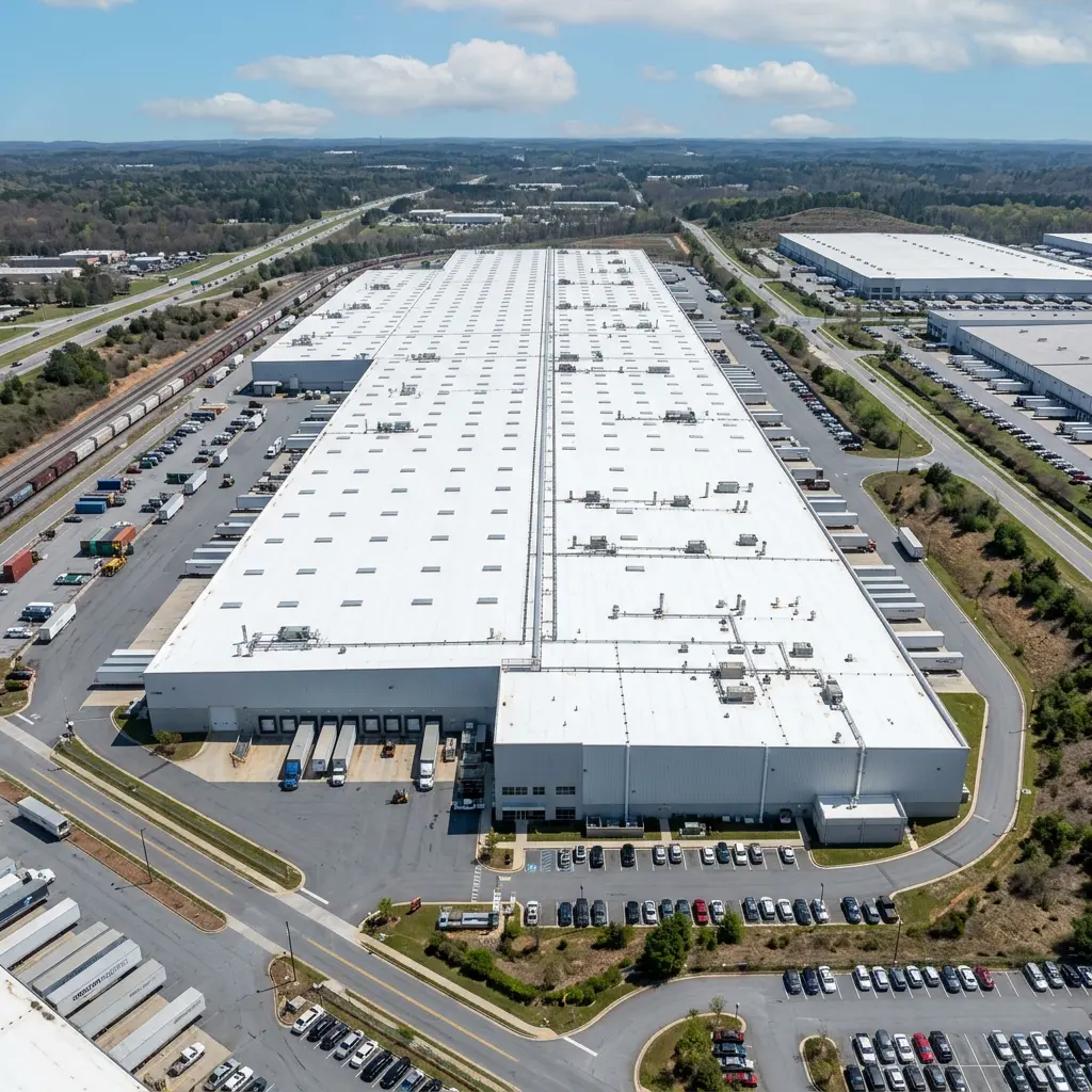 Aerial view of a large industrial warehouse with white roof, surrounded by parking lots, trucks, and a railway track.