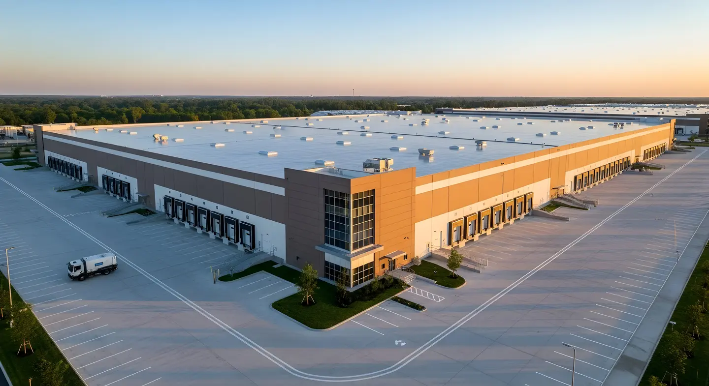 Large industrial warehouse with multiple loading docks and a single white truck parked outside at sunset.