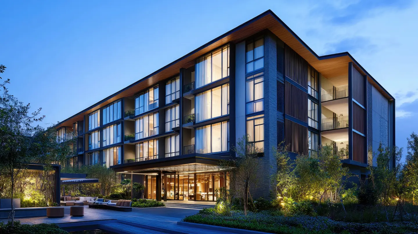 Modern multi-story building with large illuminated windows and outdoor seating surrounded by landscaped greenery at dusk.