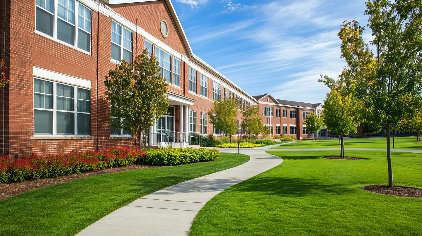 Curved concrete pathway through green lawn with trees and a large red brick institutional building under blue sky.