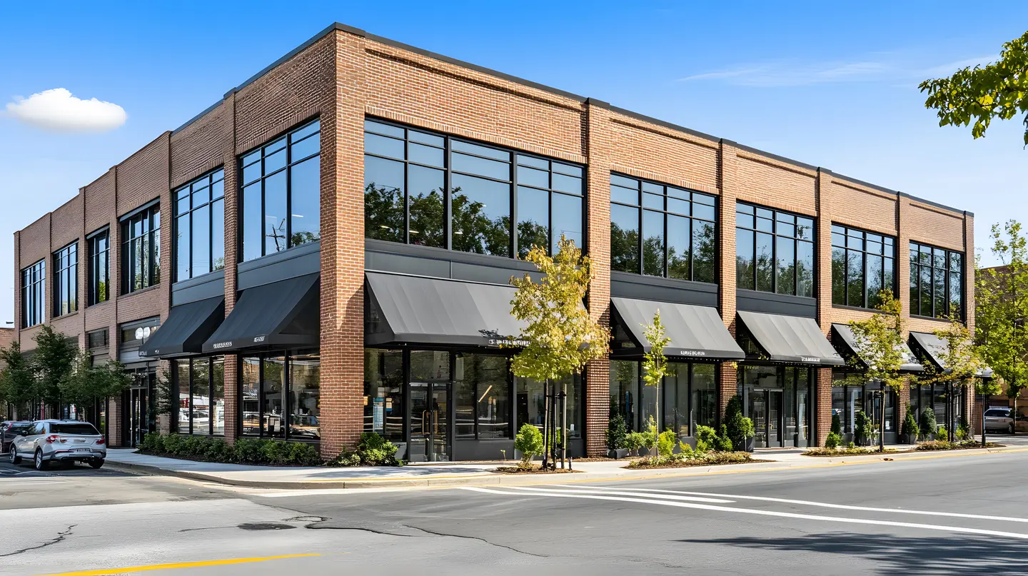 Two-story brick commercial building with large black-framed windows and black awnings on a sunny street corner.