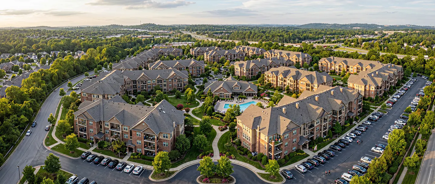 Aerial view of a sprawling multi-family apartment complex with landscaped green spaces and a central swimming pool.