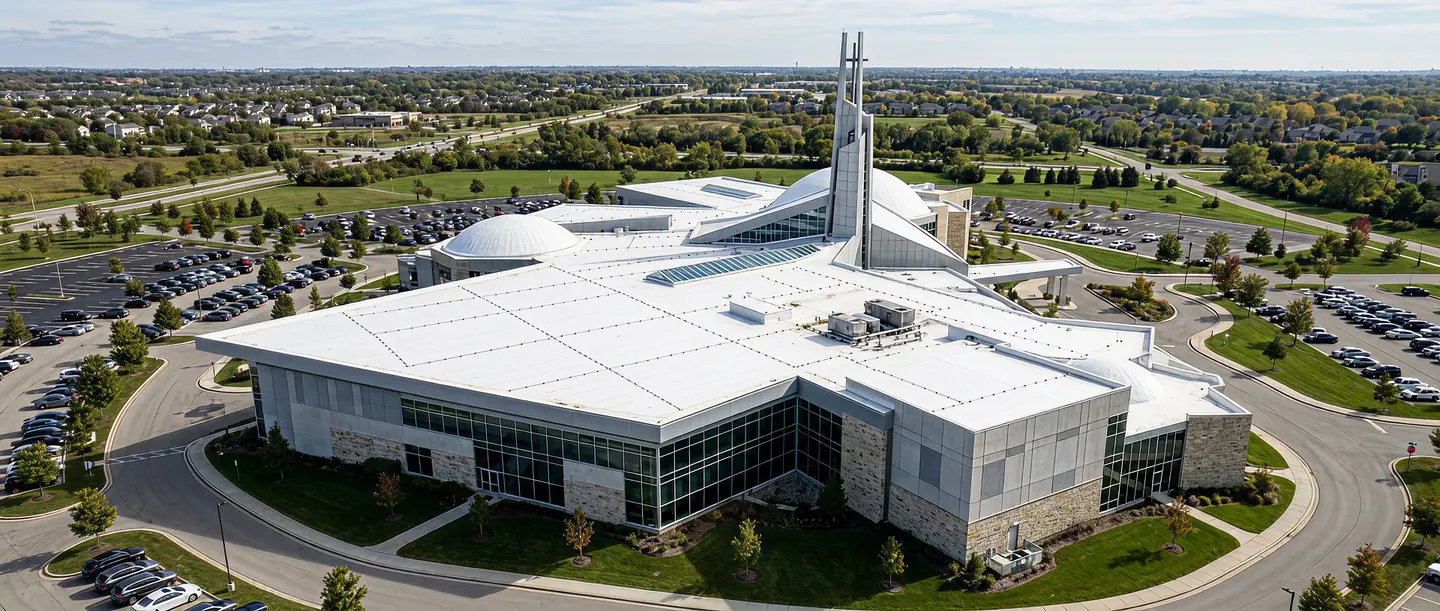 Aerial view of a large modern building with a white roof, glass windows, and a tall spire, surrounded by parking lots and greenery.