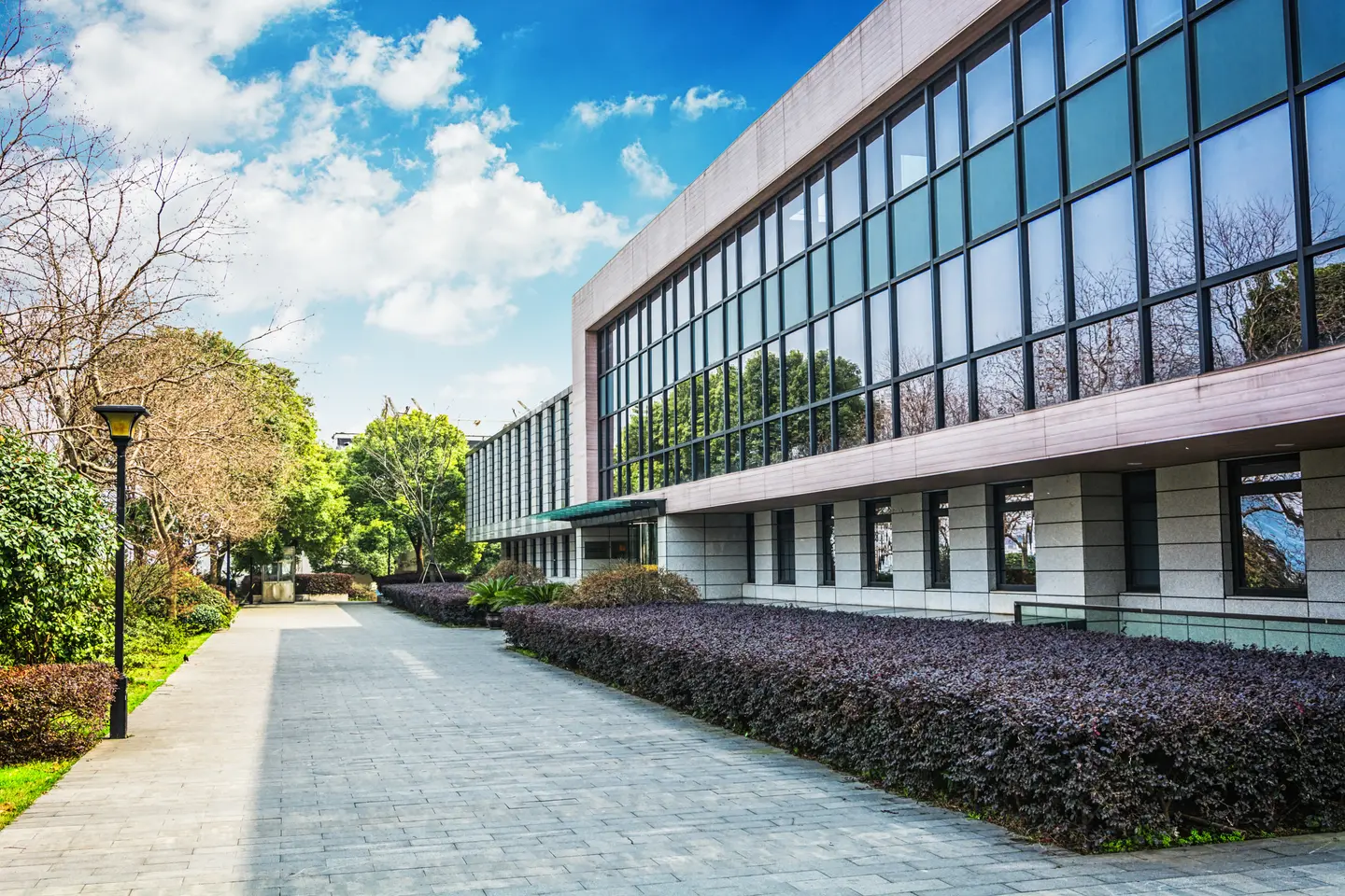 Modern building with large glass windows reflecting trees, next to a paved walkway bordered by bushes and trees under a partly cloudy sky.