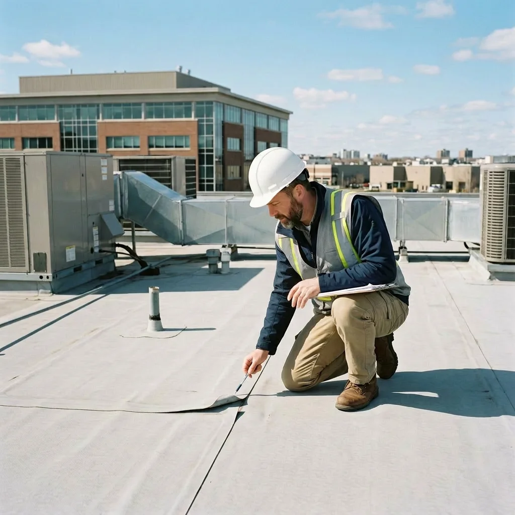 A construction worker wearing a white hard hat and safety vest inspects a rooftop membrane on a building with an urban skyline in the background.