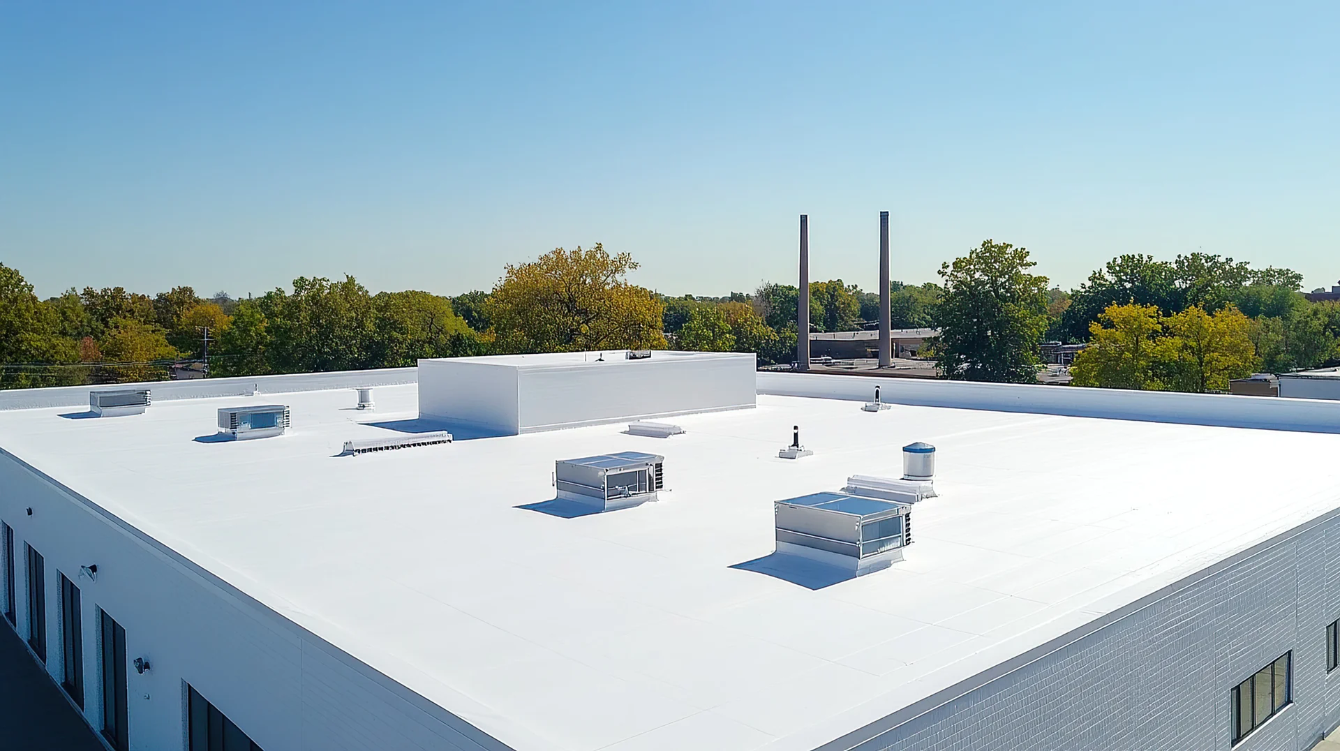 White flat commercial building roof with ventilation units and clear blue sky in the background.