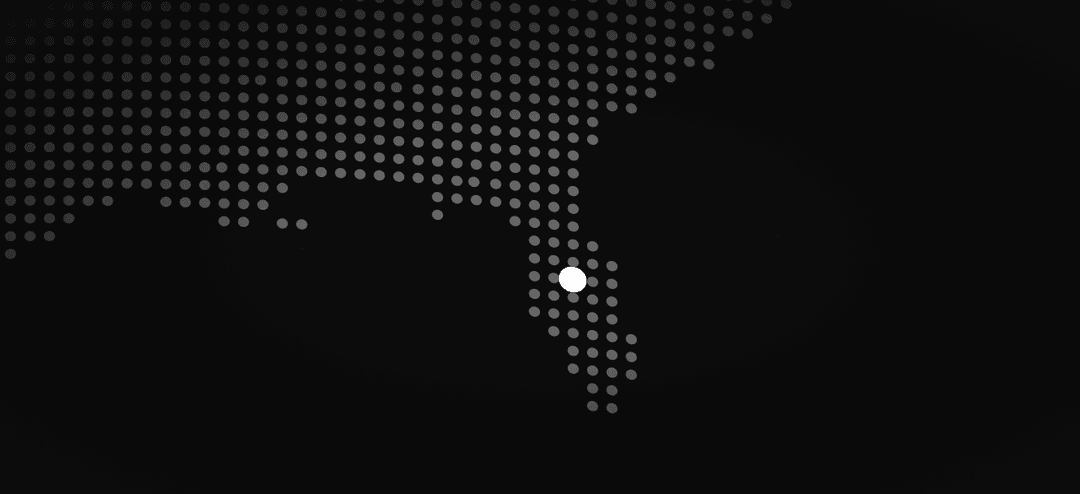 Stylized digital dotted map highlighting the Florida peninsula with a bright white dot.