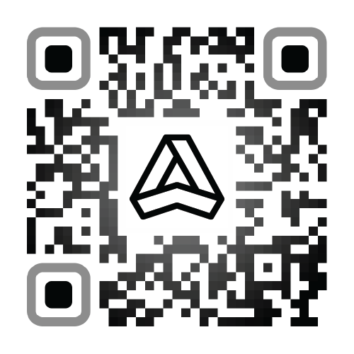 Black and white QR code with a stylized triangular logo in the center.
