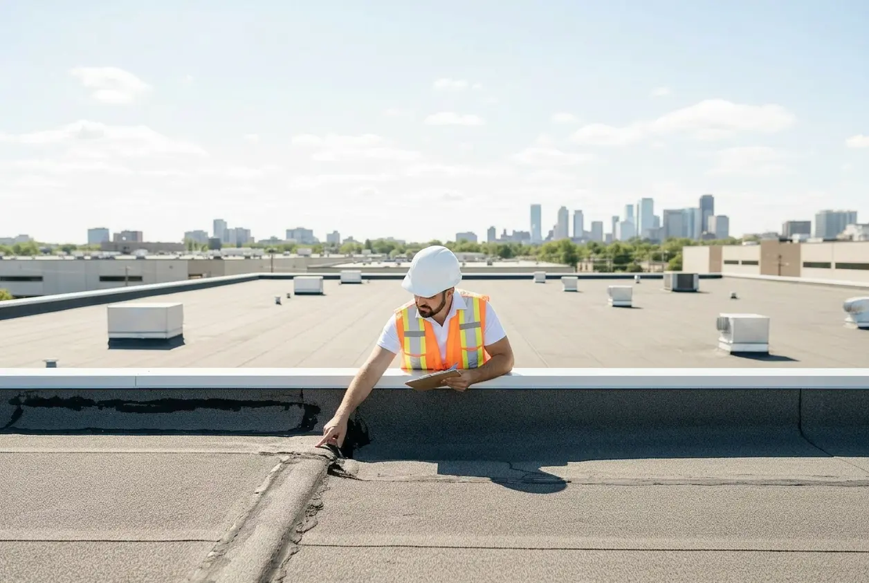 Construction worker in safety vest and hard hat inspecting a flat rooftop with a clipboard.