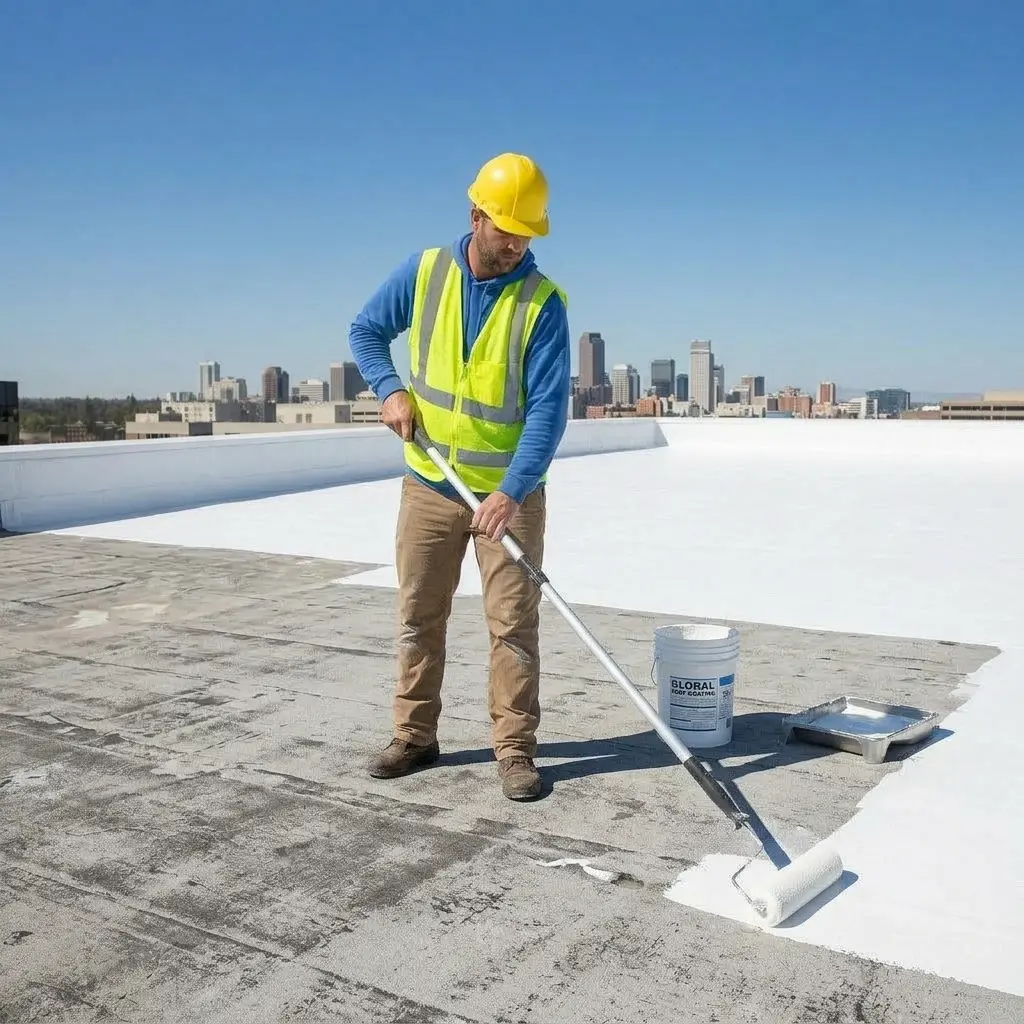 Worker in yellow hard hat and safety vest applying white roof coating with a paint roller on a rooftop under clear blue sky.