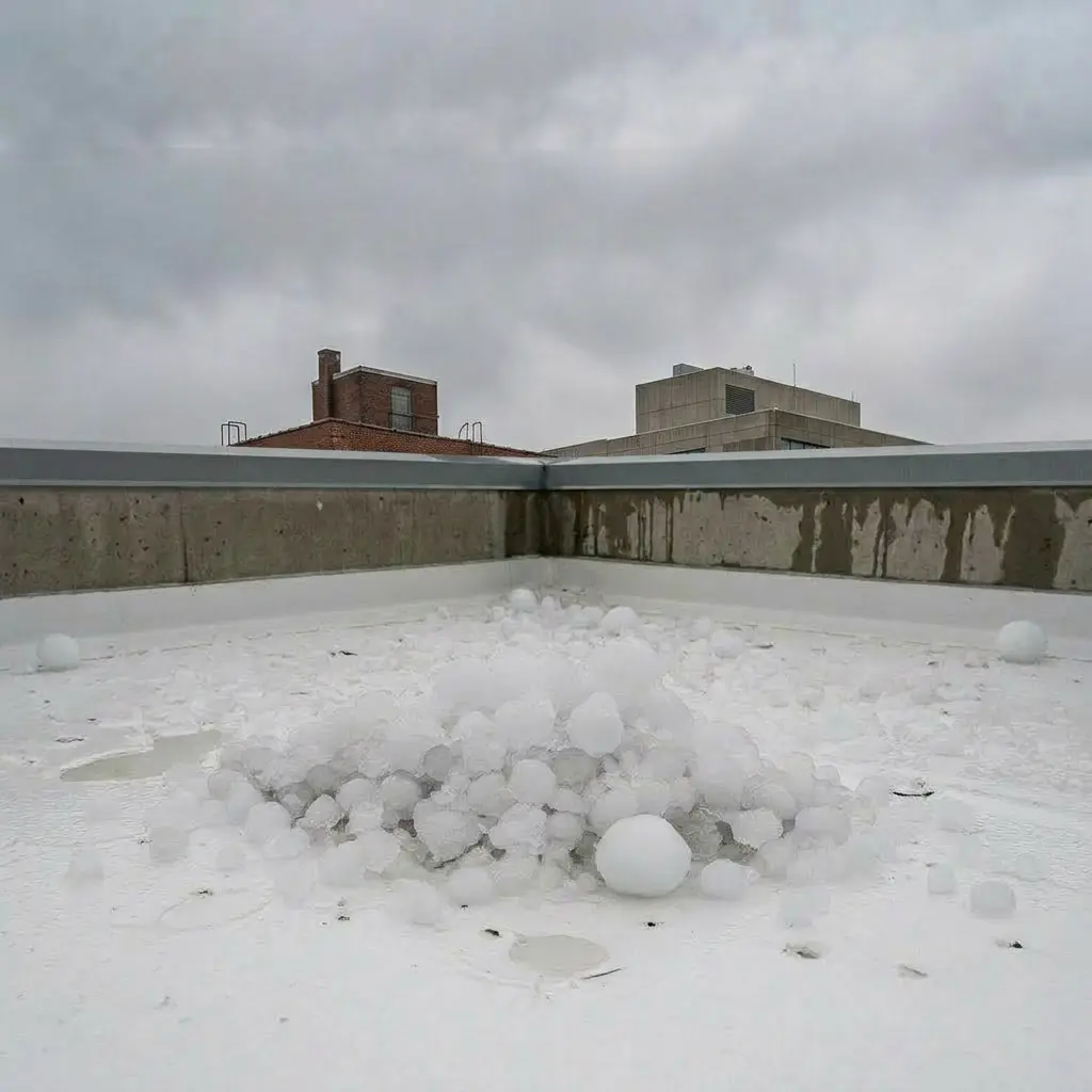 Pile of various-sized hailstones accumulated on a flat rooftop with overcast sky in the background.
