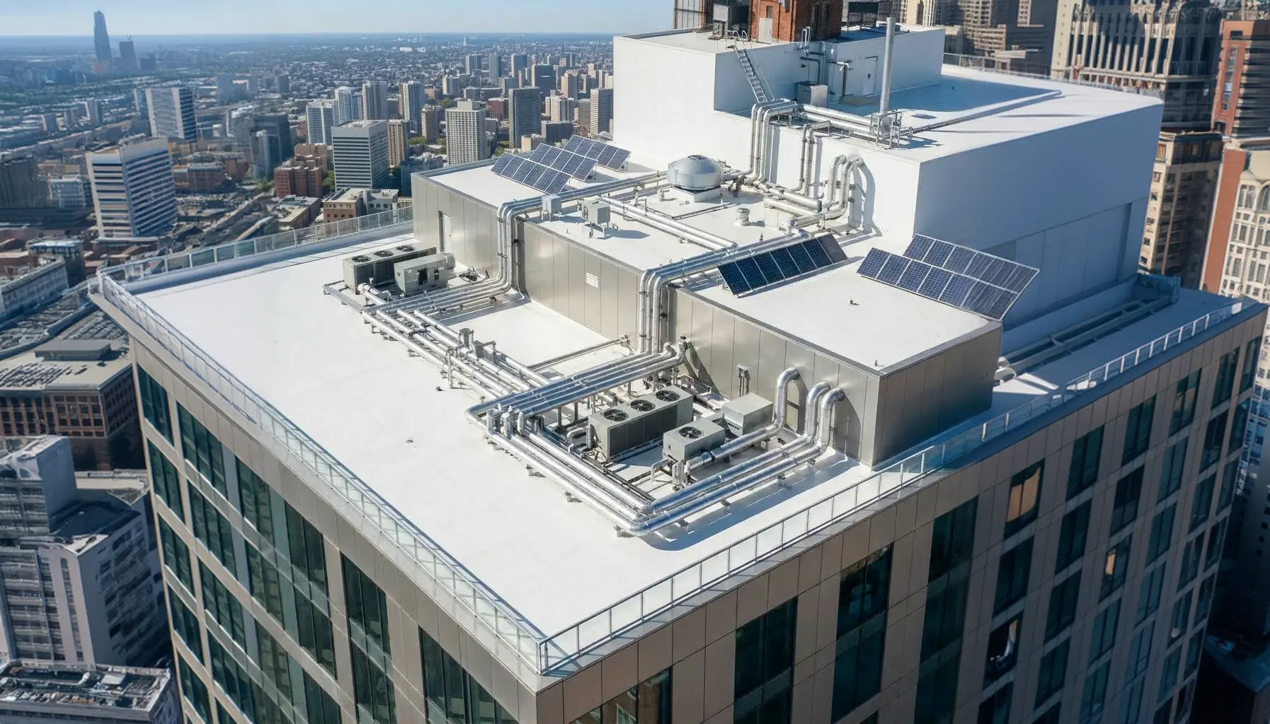 Rooftop of a tall building with solar panels and HVAC piping in an urban cityscape.