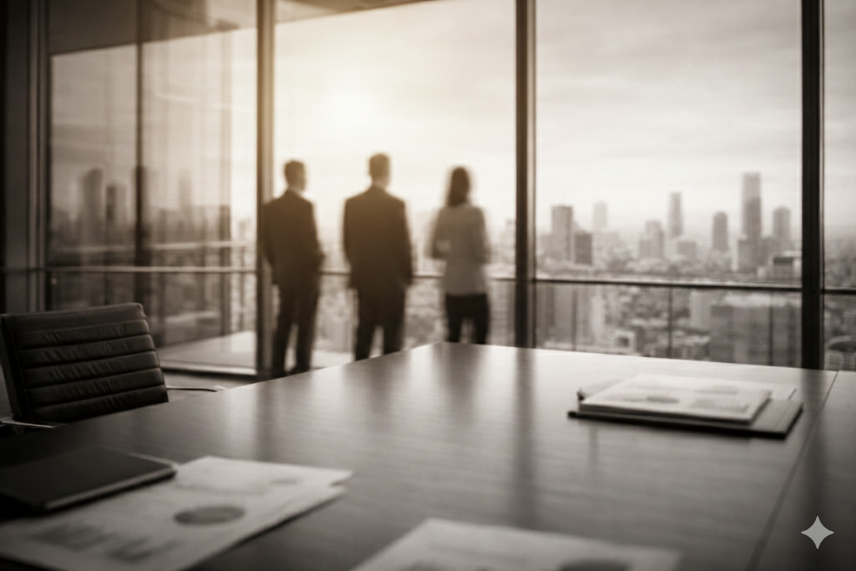 Blurred image of three business people standing by a window overlooking a city skyline with a conference table and documents in the foreground.