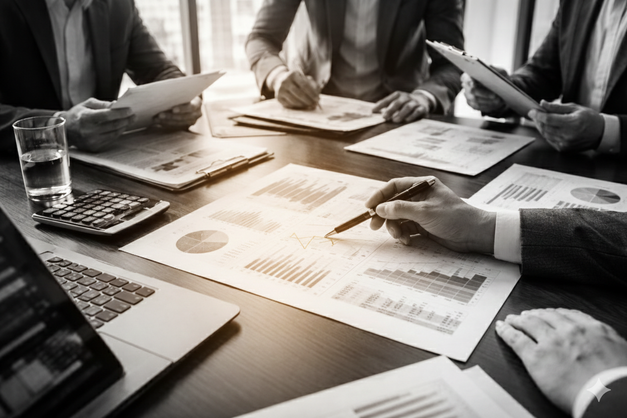 Business professionals in suits reviewing financial charts and documents during a meeting at a table with a laptop, calculator, and glass of water.