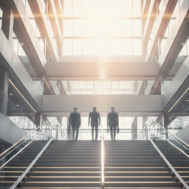 Three business people in suits standing at the top of a modern glass and steel staircase inside a bright office building.