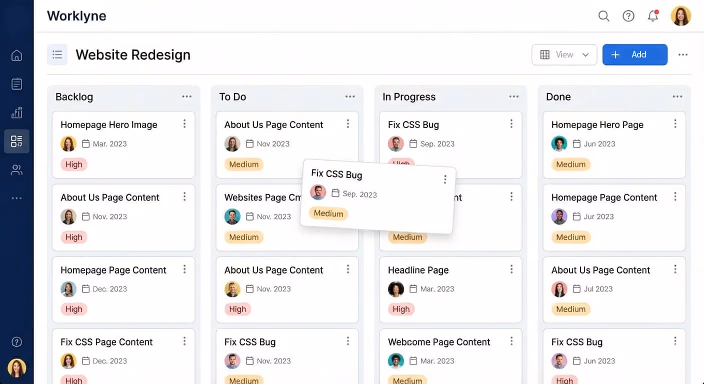 Worklyne project management board showing Website Redesign tasks organized in columns Backlog, To Do, In Progress, and Done with task names, dates, priorities, and user avatars.