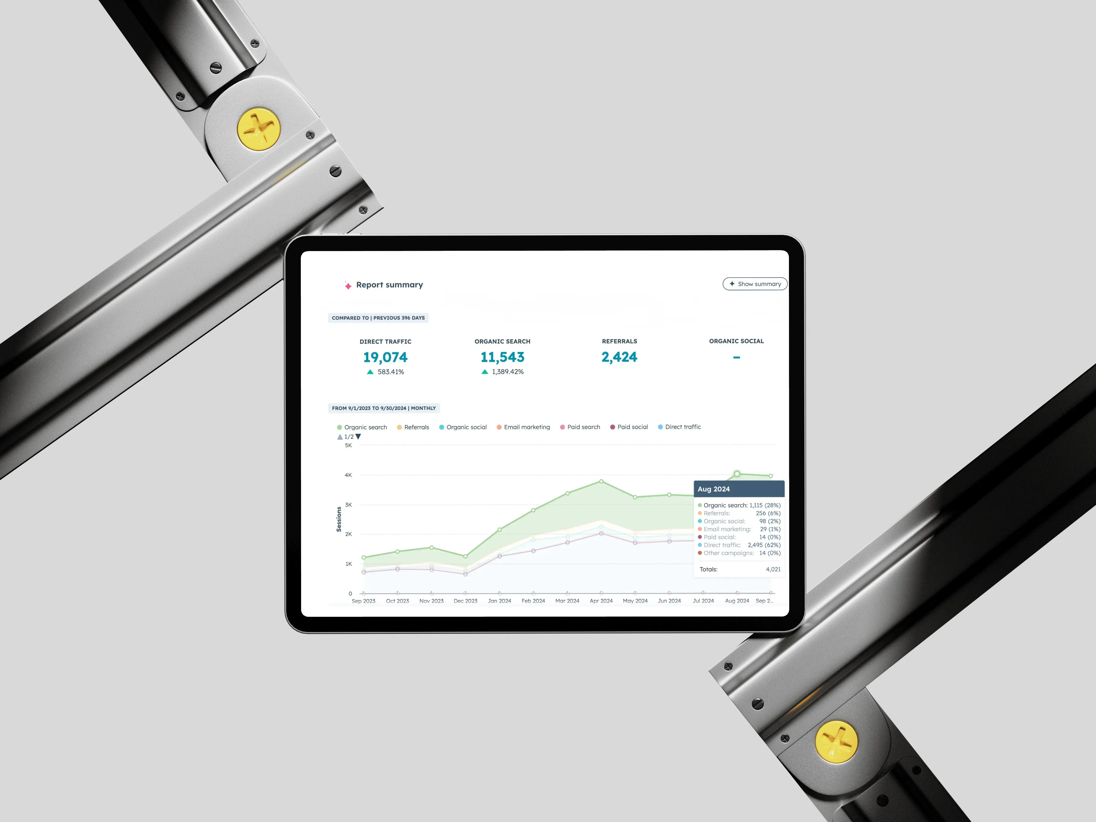 Marketing performance results showing pipeline growth and organic traffic increases on laptop