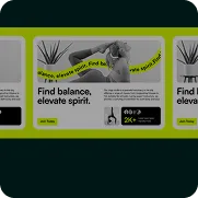 Multiple landing page screen layouts with bold green design elements
