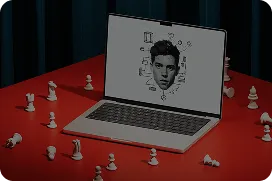 Laptop displaying a portrait illustration on a red surface surrounded by chess pieces representing strategic UI and UX design