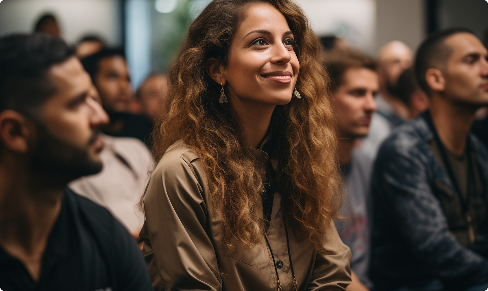 Woman smiling at a networking event representing a referral introduction to Leapyn