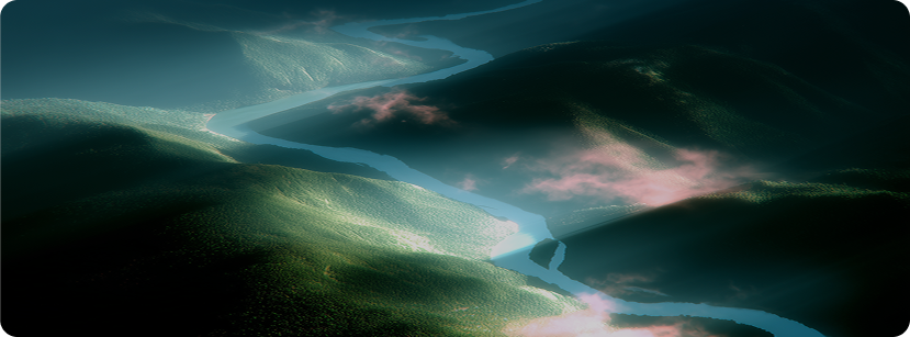 Low aerial view of a winding river through dark green hills