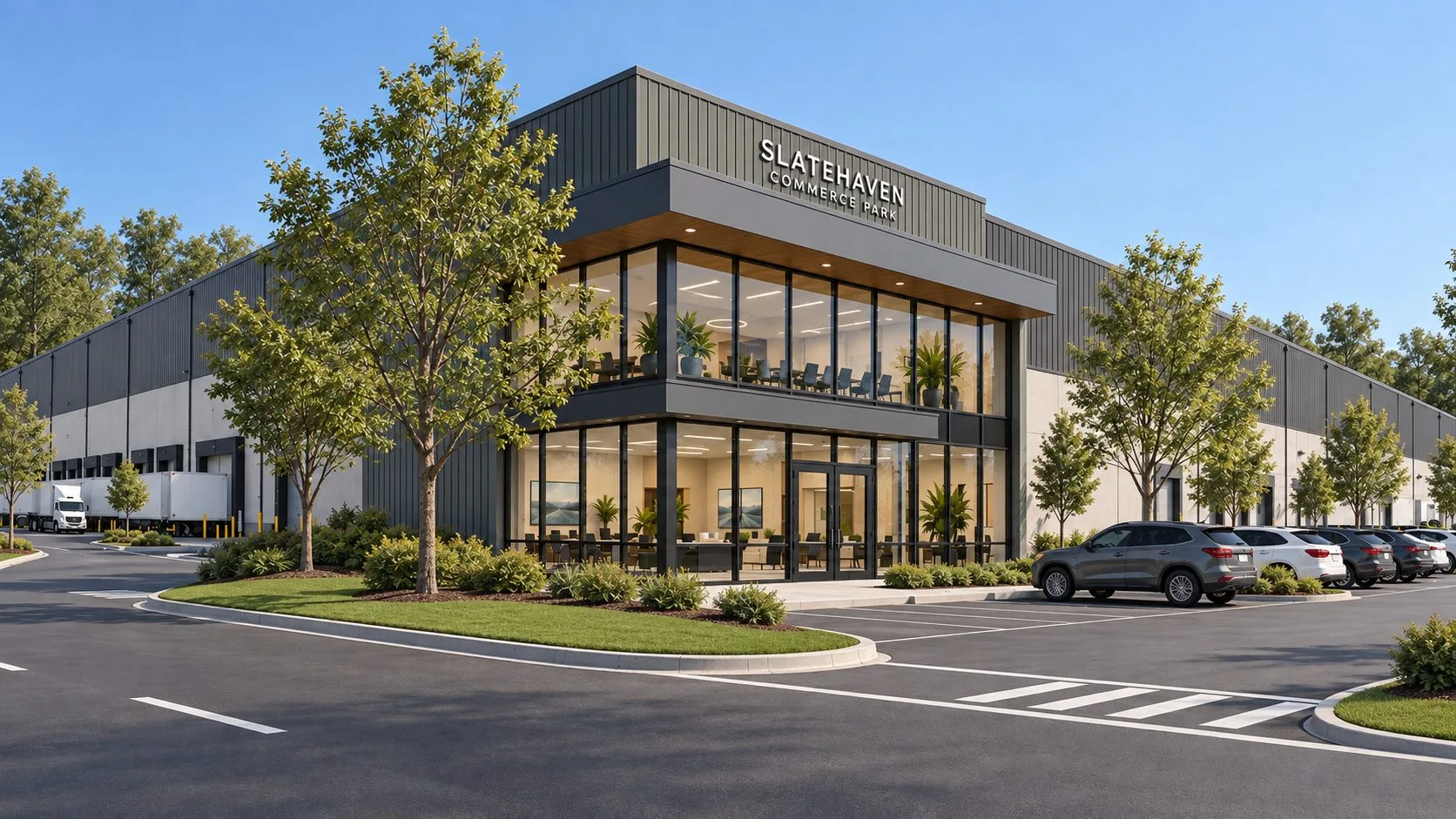 Modern office building entrance shown in the real estate menu