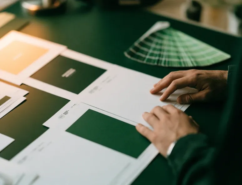 Hands arranging dark green brand cards, letterhead and a color fan on a desk