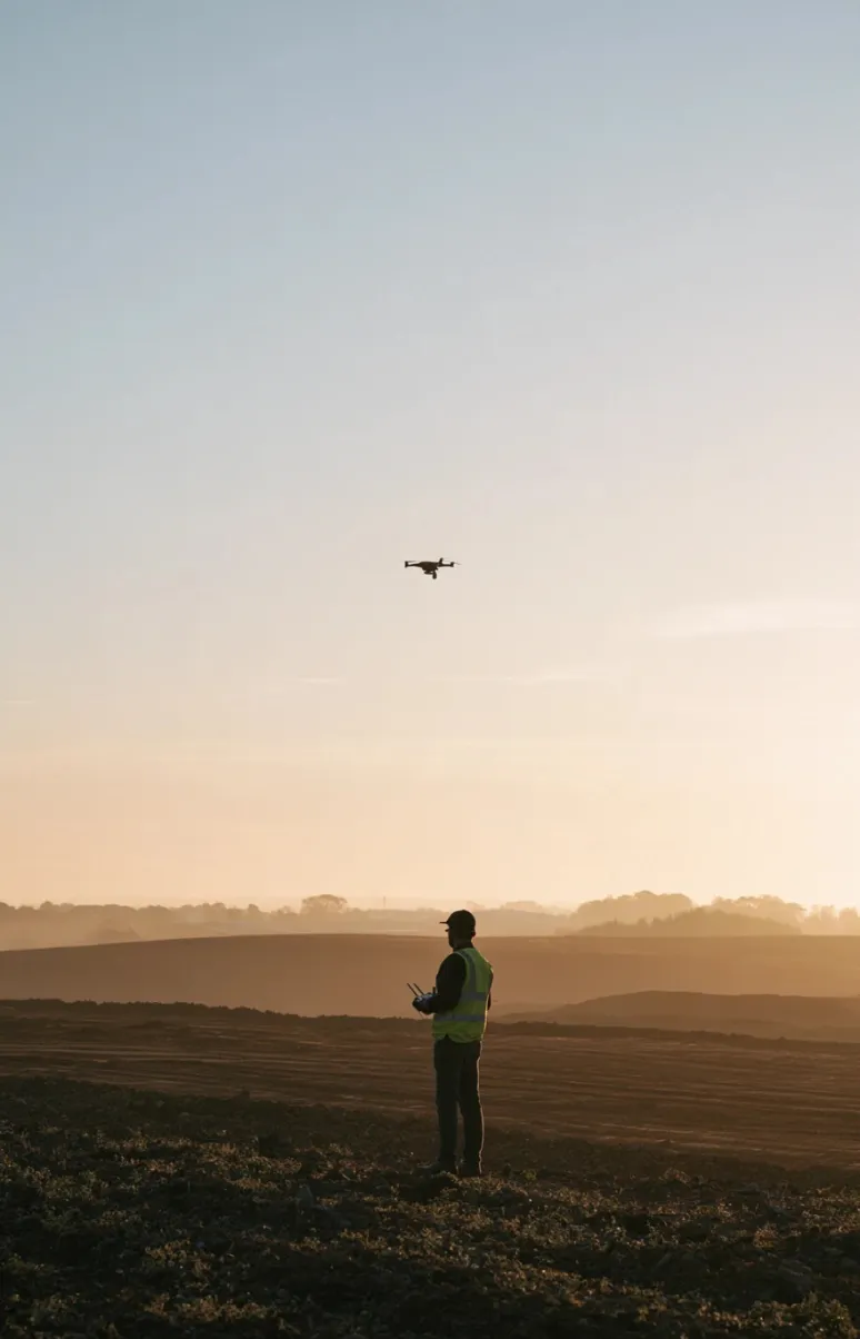 Drone pilot in a safety vest flying a drone over an open site at dusk