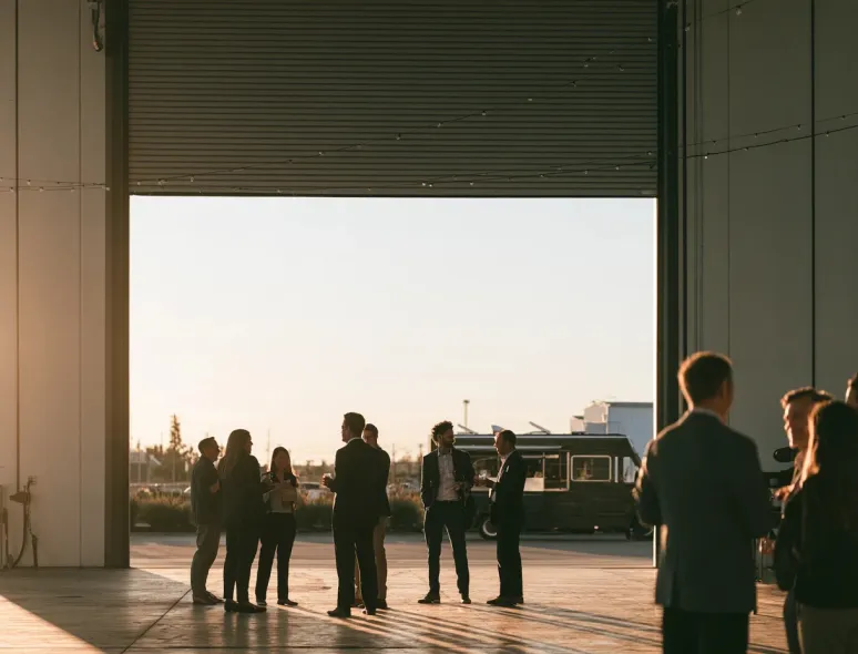 Group of people in business clothes standing inside an open warehouse door at sunset