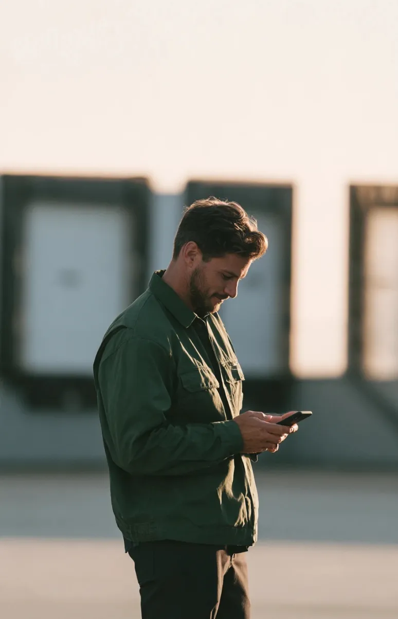 Man in a green jacket checking his phone outside a warehouse with loading docks