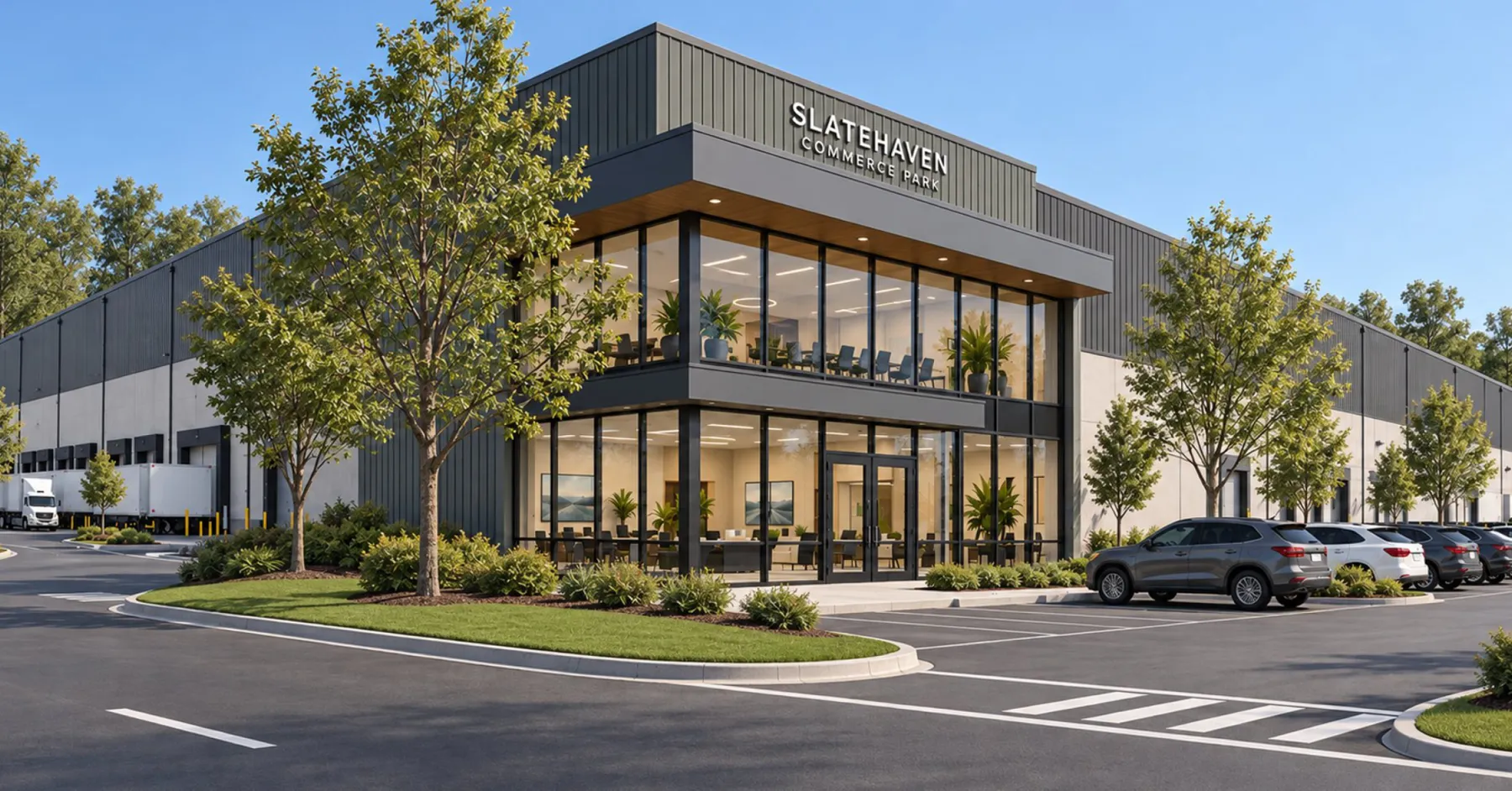 Photoreal rendering of Slatehaven Commerce Park office entrance with glass facade, trees and parked cars