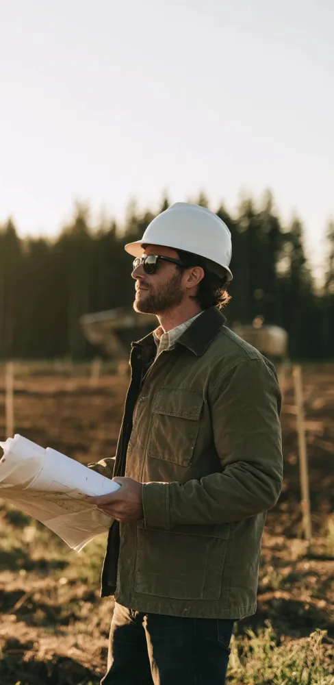 Developer in a hard hat holding rolled site plans on a cleared building site