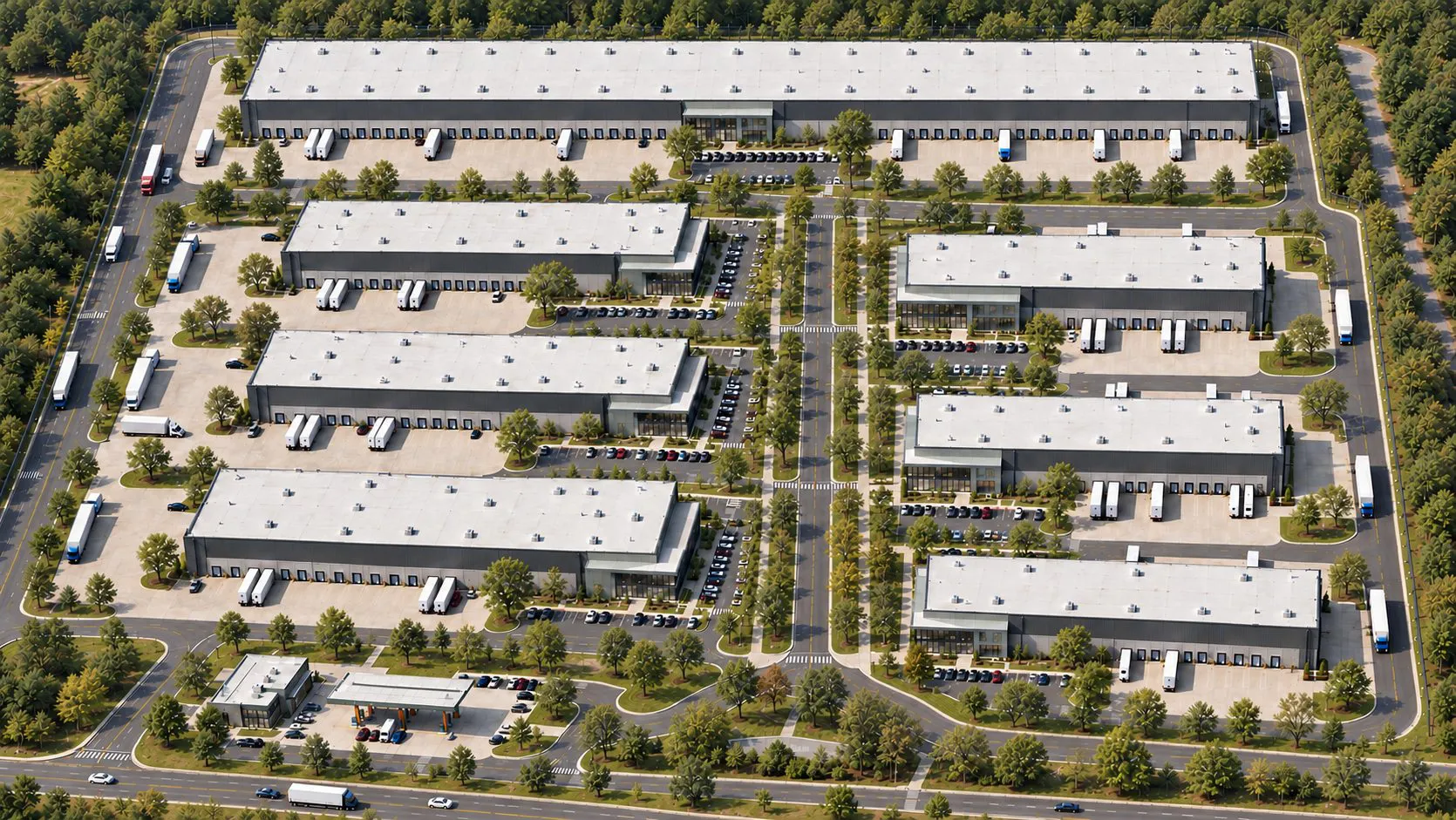 3D site plan rendering of an industrial park with warehouses, truck courts and trailer parking
