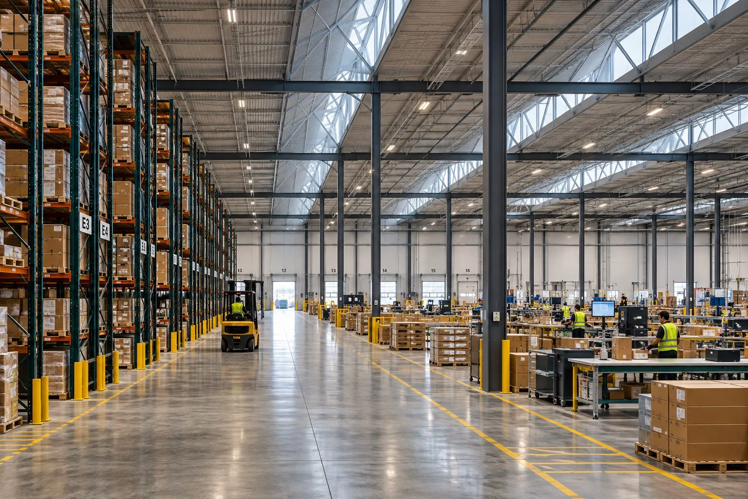 Wide view of a warehouse interior with tall racking and packing stations