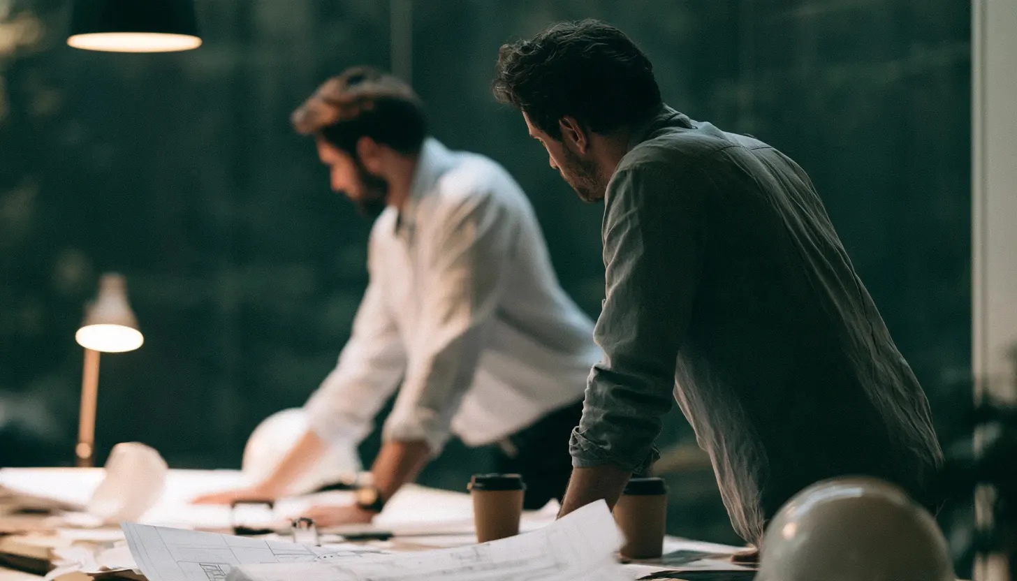 Two people reviewing plans at a desk with coffee cups and hard hats under a pendant lamp