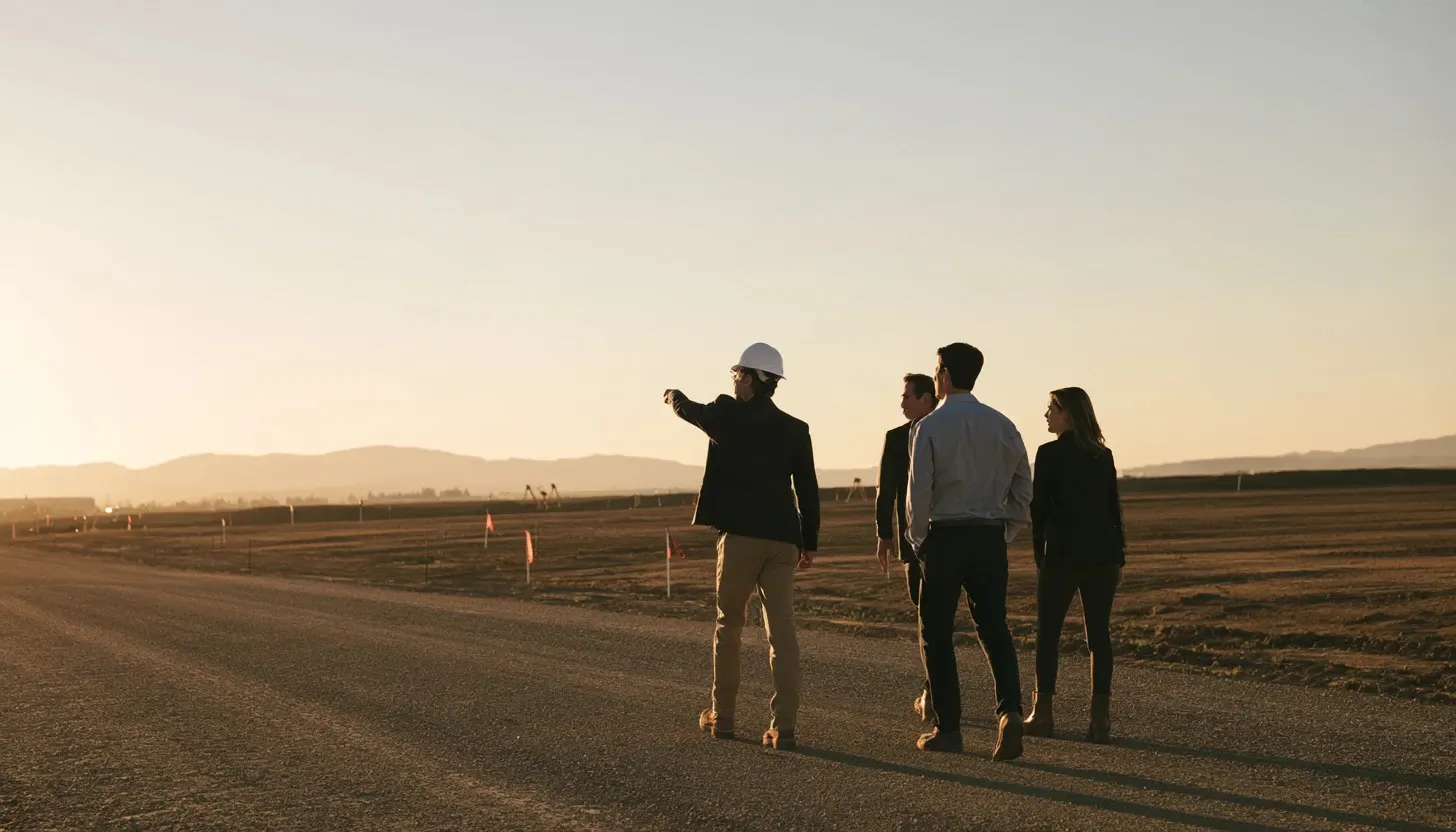 Four people walking a graded site at sunset, one in a hard hat pointing ahead