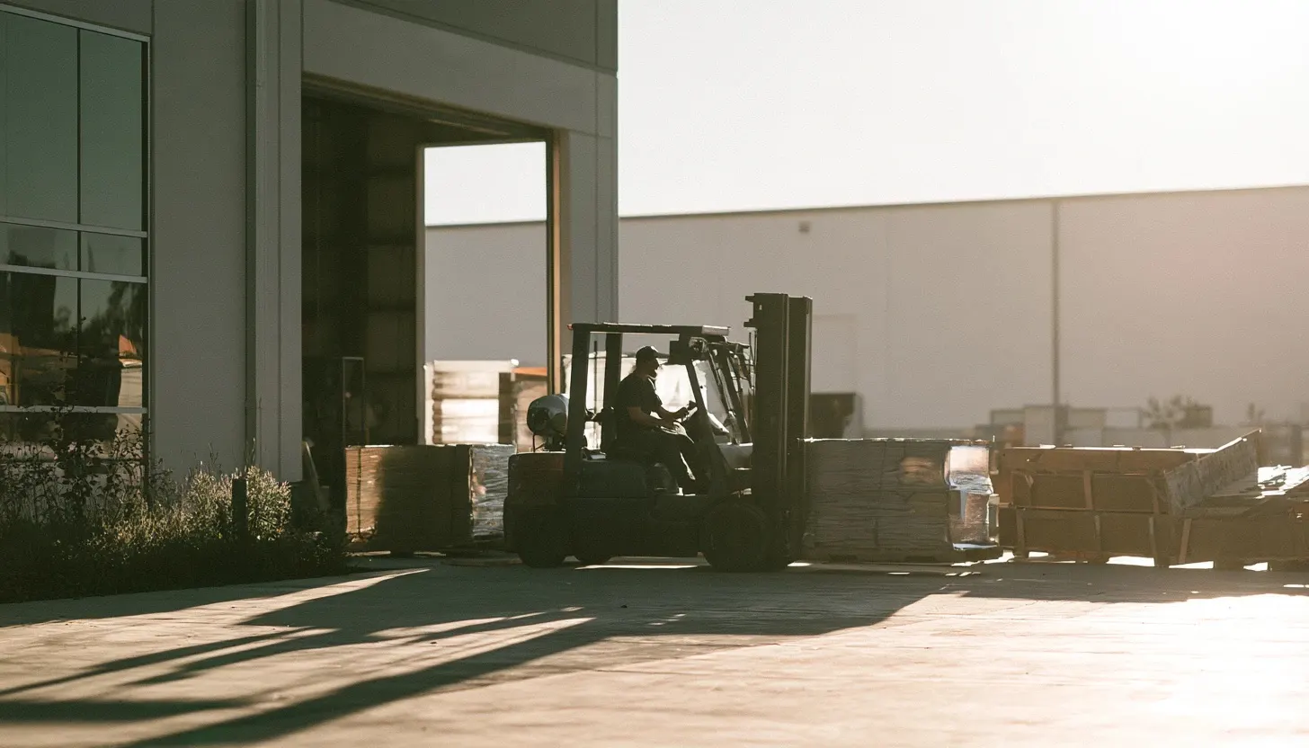 Forklift moving pallets outside a warehouse loading door in late afternoon sun