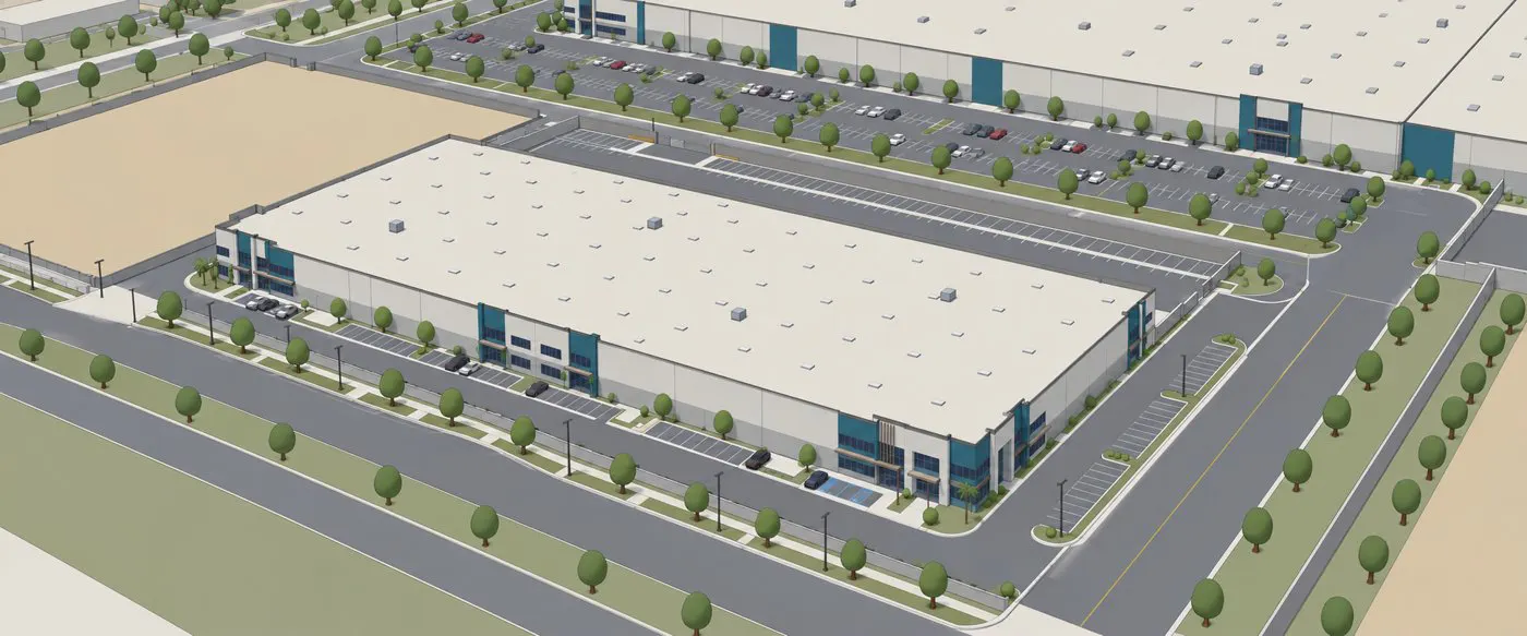 Flat, basic rendering of a warehouse with simple trees and plain paving